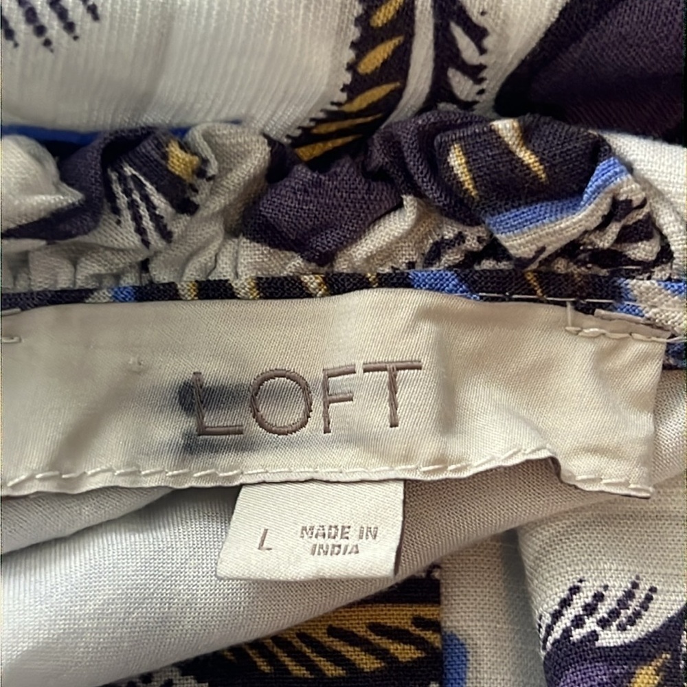 LOFT Purple linen tropical floral print Ruffle Neck Jumpsuit Wide Leg large - Picture 10 of 11